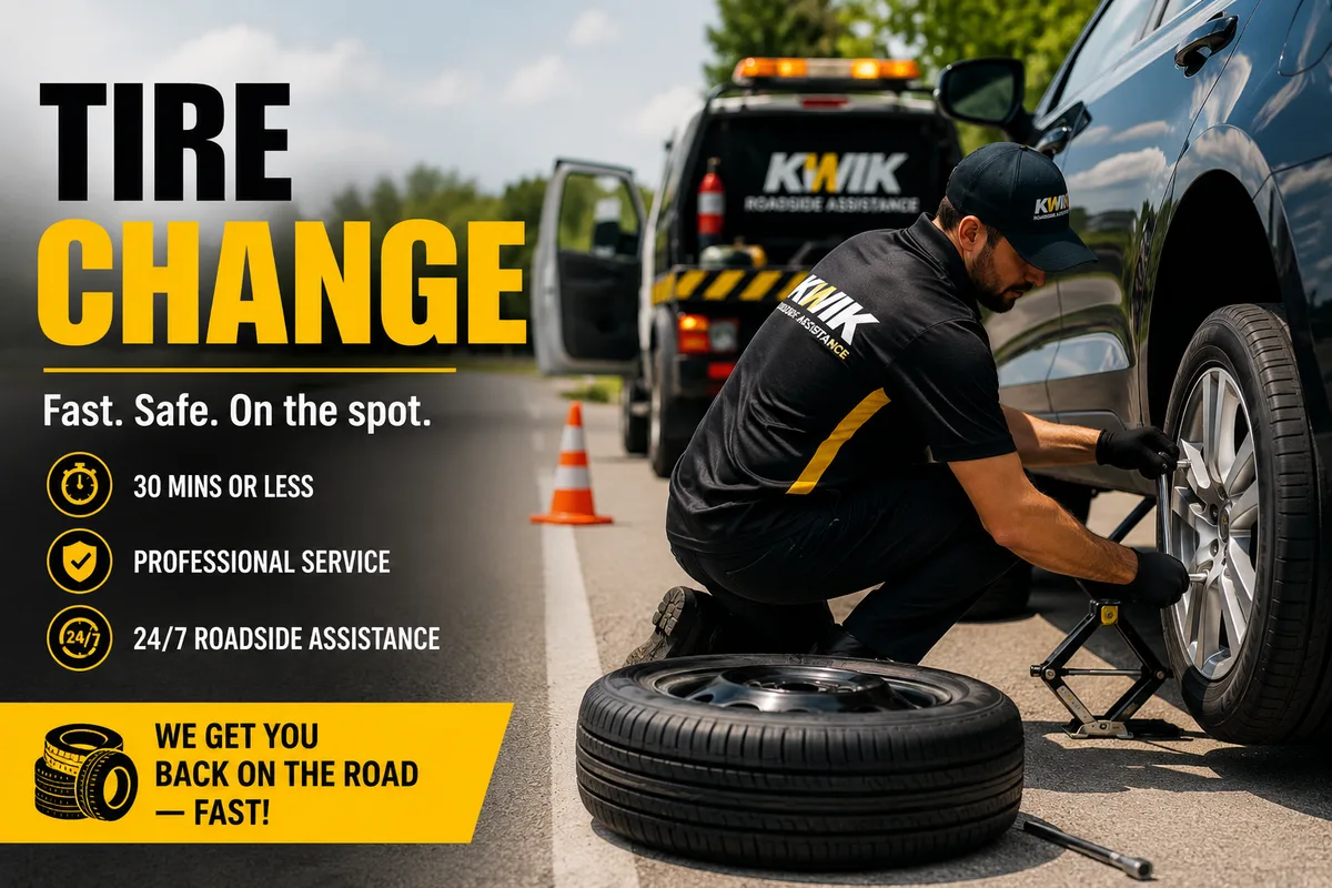 Kwik technician changing a flat tire on the roadside with cones deployed